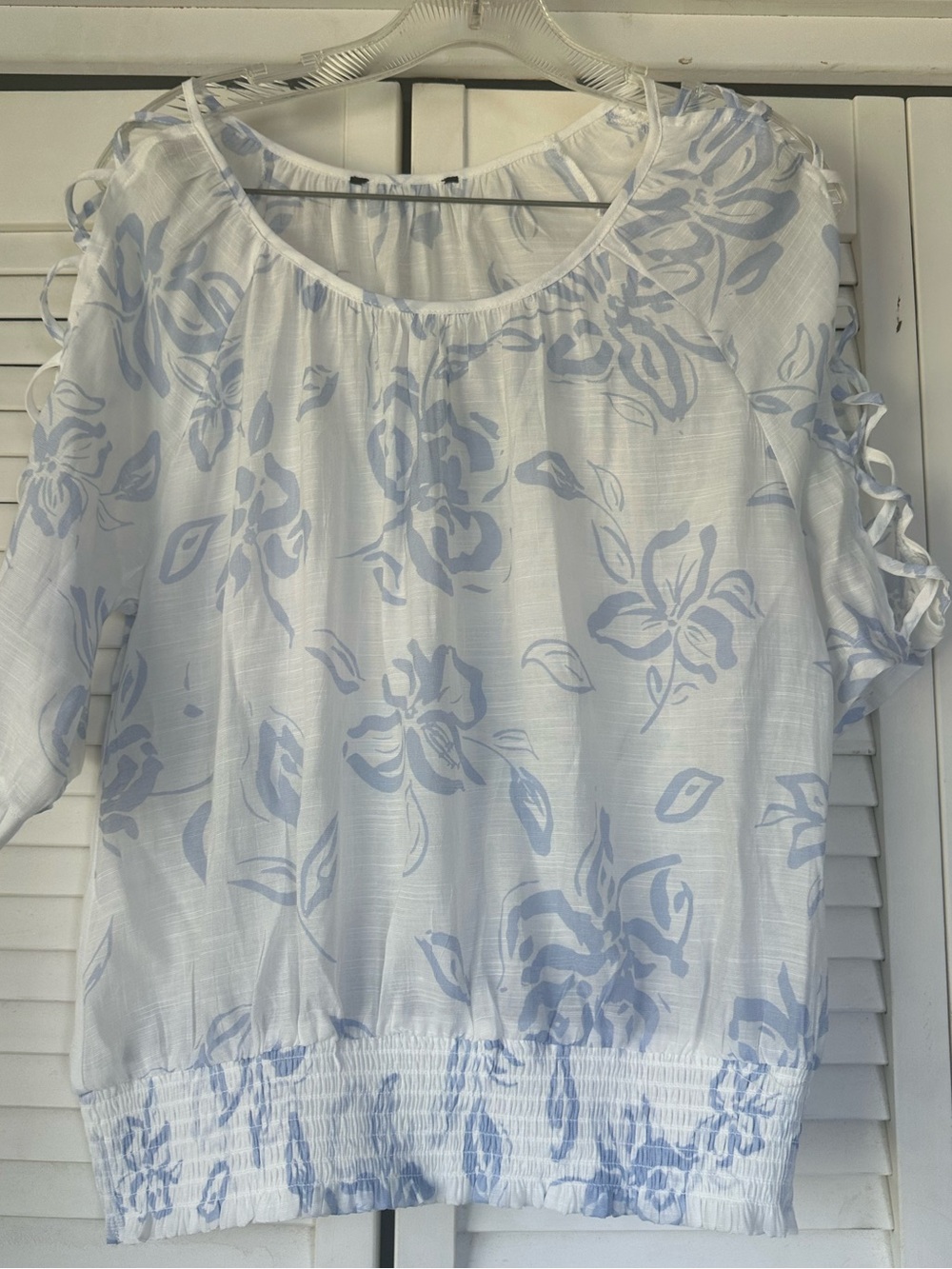 Women's White Peasant Blouse with Light Blue Floral Print
